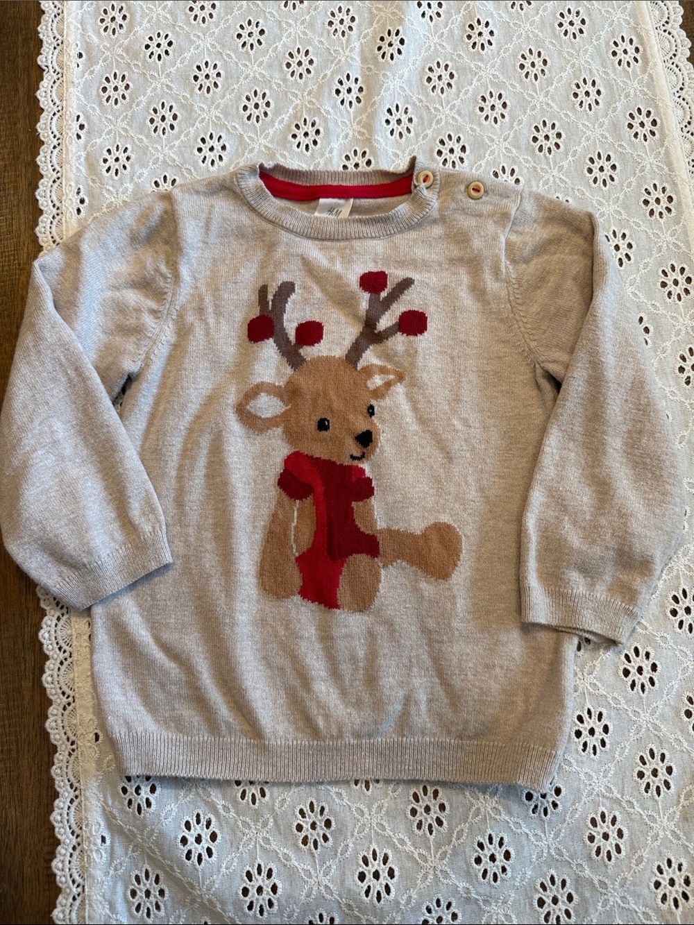 HM Kids Beige Reindeer Sweater Top with Red Accents